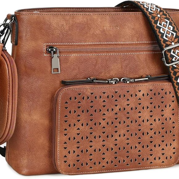 Brown vegan leather medium crossbody bag with multiple pockets and adjustable st - Picture 1 of 8